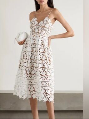 NWOTSelf- portrait White Lace A-Line Midi Dress with Spaghetti Straps
